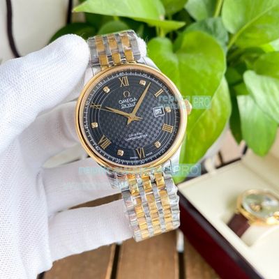 Super Copy Omega De Ville Watch Black Dial 2-Tone Yellow Gold Strap Yellow Gold Bezel 40mm